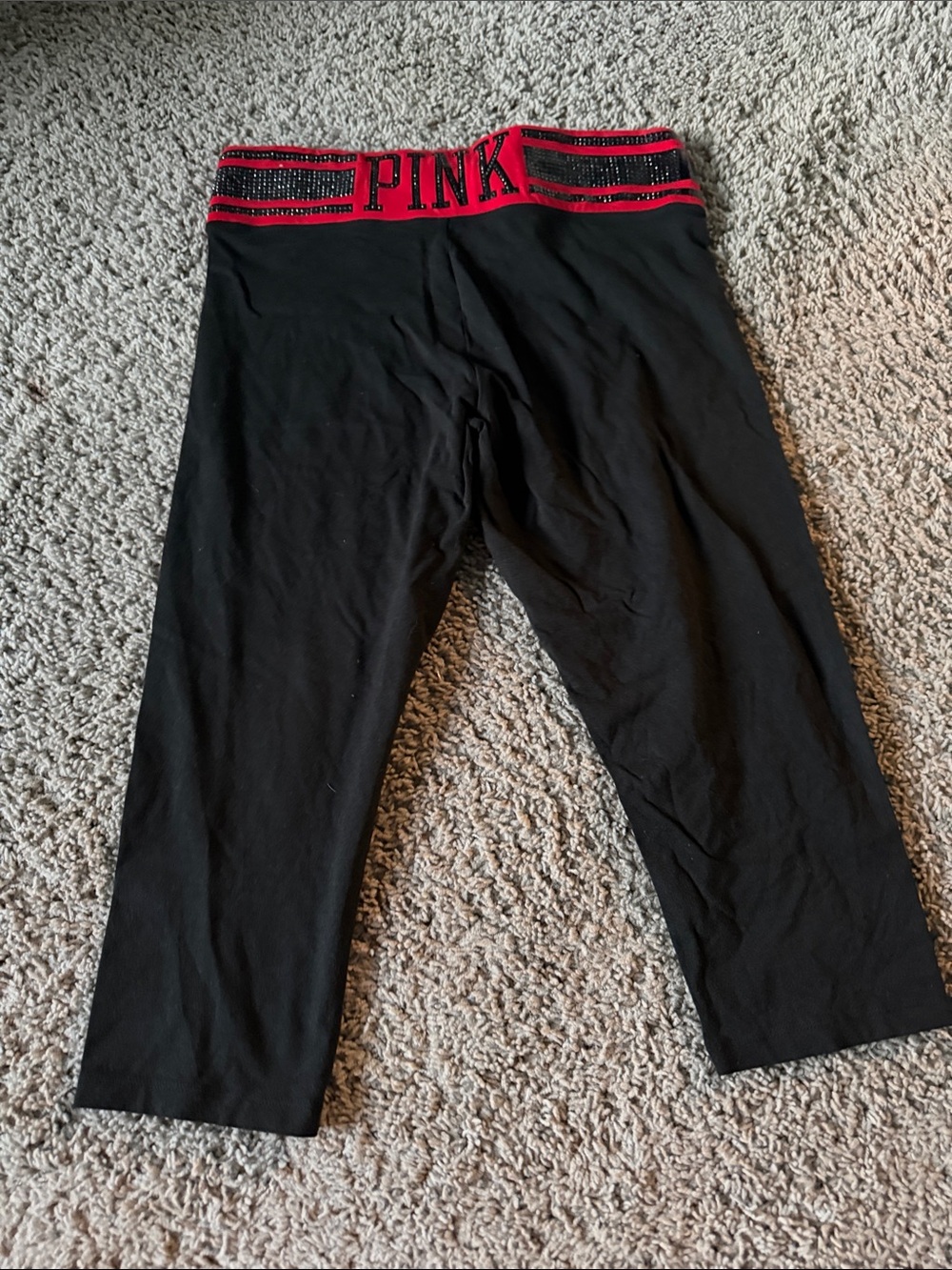 Y2K PINK Victoria's Secret Black Cropped Leggings with Pink Logo Waistband